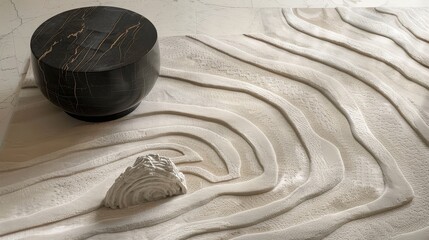A closeup of a textured rug with a unique pattern and a decorative object, showcasing the intricate details and craftsmanship