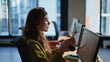 © stockbusters - Helpdesk operator wearing headphones working modern call center office closeup