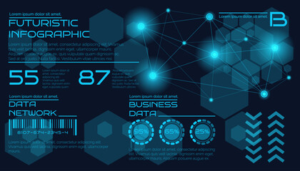 Big data visual. Futuristic infographic. Cyber technology software HUD design. Polygon data network. Science code infographic. Analytic diagram. Business information. Vector geometric garish icons set