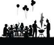 ©  Besticon25 - Silhouette of a family and friends celebrating a birthday with a cake and barbecue Keywords: birthday, party, silhouette, people