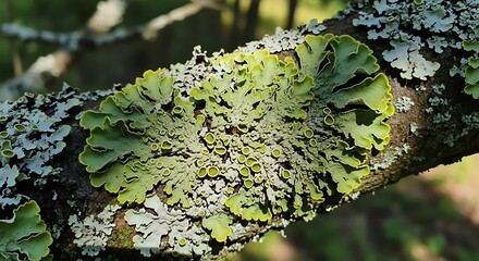 lichen on tree branch with forest.