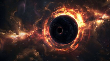Wall Mural - Massive black hole with swirling glowing energy, cosmic dust, epic deep space scene.