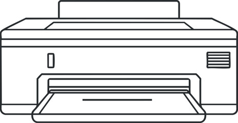Simple black and white line illustration of a printer machine used for office and home printing tasks