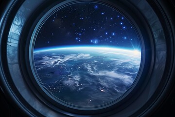 Wall Mural - Round spaceship window frame with view of Earth and stars, clean mockup background, sci-fi minimal design.