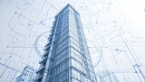 Modern skyscraper design with architectural blueprint and detailed construction plan