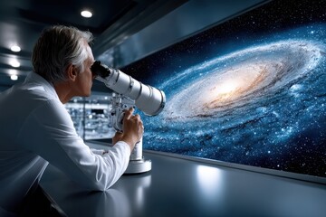 Wall Mural - Researcher observes galaxy through advanced telescope in modern observatory