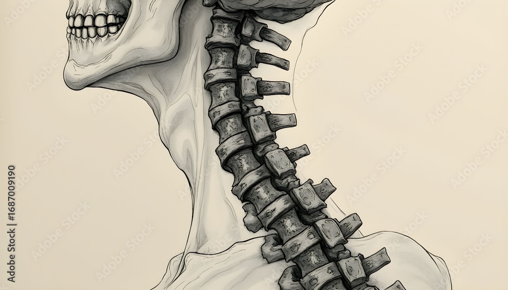 Detailed anatomical illustration of a human skull and spine showcasing ...