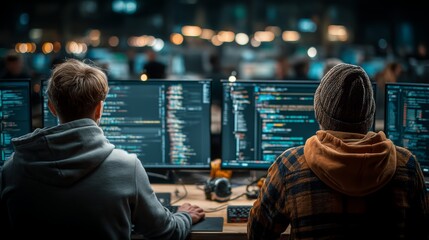 Two software developers working on computer screens in a modern office environment