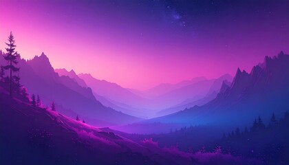 Dreamlike mountain range glows with an enchanting fusion of radiant purple and deep pink, casting an otherworldly ambiance across a tranquil, expansive valley under a serene twilight sky