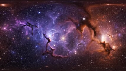 Wall Mural - 360° Fantasy Nebula Space Panorama - A breathtaking 360-degree view of a vibrant fantasy nebula, showcasing swirling clouds of purple, orange, and red gas illuminated by bright stars.