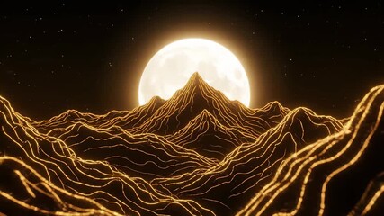 Canvas Print - golden mountainscape with full moon - abstract digital illustration of glowing golden contour lines 