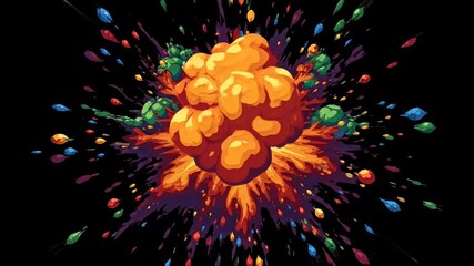 Wall Mural - Abstract Colorful Explosion Background - An illustration of a vibrant explosion with a large, central orange cloud surrounded by smaller, multicolored splashes against a black background.