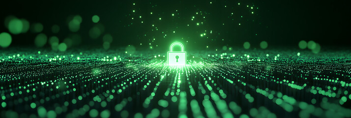 Wall Mural - vast sea of shimmering digital data points - a radiant padlock stands as a beacon of cybersecurity and protection wide banner - green background