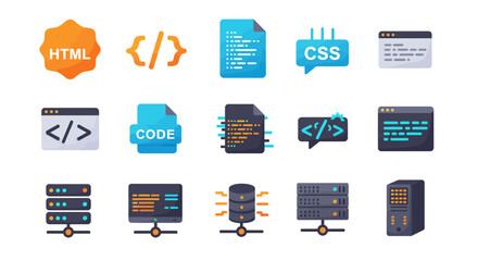 Diverse set of coding and server icons representing software development resources