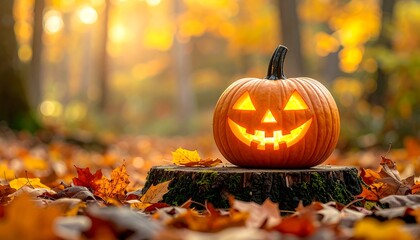 Glowing Jack-o'-Lantern in an Autumn Forest