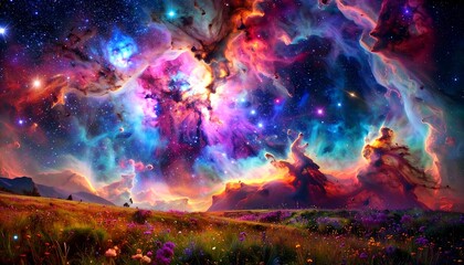 colorful nebula over a vibrant meadow