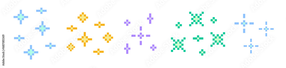 Pixel star colorful retro 8 bit sparkle set. Shiny game pixel art ...