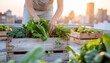 © skayy - Urban Rooftop Garden: Woman Harvesting Fresh Greens at Sunset