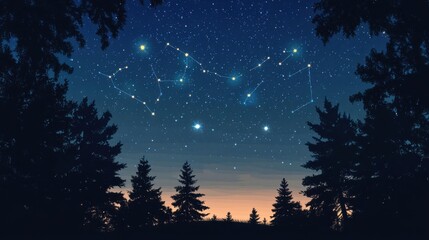 Wall Mural - Starry night sky with glowing constellations and a silhouetted horizon, cartoon concept with blank space
