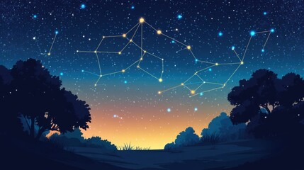 Wall Mural - Starry night sky with glowing constellations and a silhouetted horizon, cartoon concept with blank space
