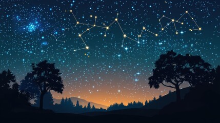 Wall Mural - Starry night sky with glowing constellations and a silhouetted horizon, cartoon concept with blank space
