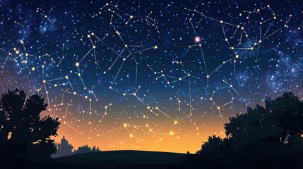 Wall Mural - Starry night sky with glowing constellations and a silhouetted horizon, cartoon concept with blank space
