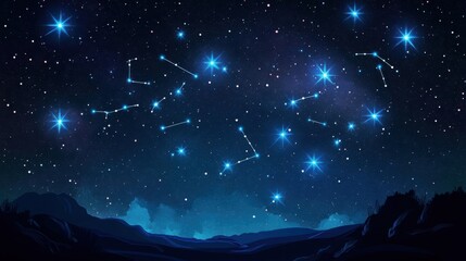 Wall Mural - Starry night sky with glowing constellations and a silhouetted horizon, cartoon concept with blank space
