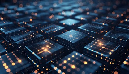 Digital background with blocks and shine dots perfect for tech processes, neural networks, artificial intelligence, data transfer and encryption
