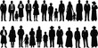 ©  creative rabbi - Silhouettes of diverse group people standing together, men women children in formal and casual attire, black and white flat vector illustration.
