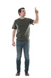 © 1STunningART - Casual young man pressing an imaginative button looking up positive. Male index finger touch an invisible screen, full length portrait isolated on transparent background