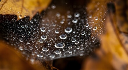 Delicate Spiderweb with Dew Drops on Autumn Leaves: Macro Nature Detail