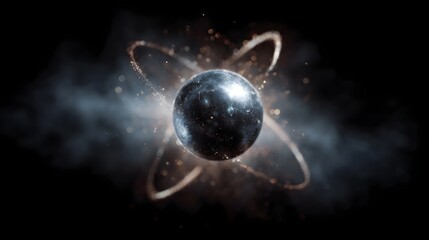Wall Mural - abstract digital render of a glowing atom model with luminous orbits and energetic particles