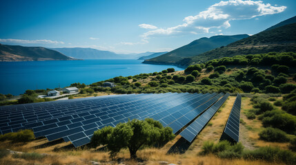 green energy. solar panels in the mountains. a solar farm in a picturesque valley. A panoramic, elevated view of a large solar panel array located on a sunny hillside