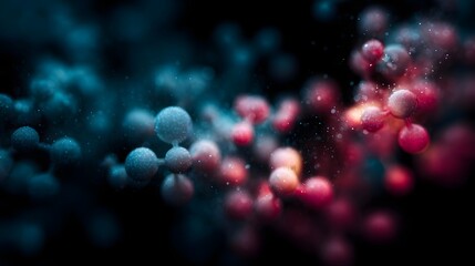 Wall Mural - abstract 3d molecular structures with glowing bonds and particles in vibrant blue and red