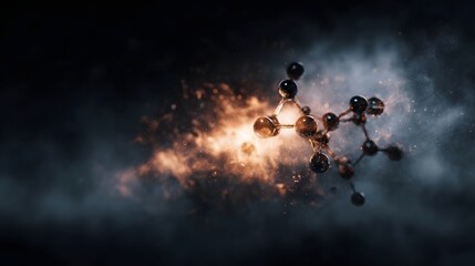 Wall Mural - a complex molecular structure glows with energetic fire and smoke against a dark atmospheric backgro
