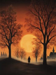 Wall Mural - Silhouetted figure walking along a misty path under a large orange moon, with barren trees and a village backdrop