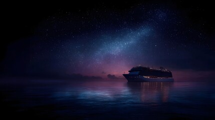 Wall Mural - elegant cruise ship on tranquil waters under a vast star filled night sky with celestial reflections