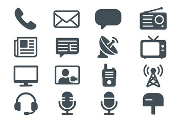 Communication icons set: phone, mail, radio, satellite, tv, microphone, headset