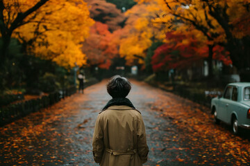 Wall Mural - Contemplative Autumn Walk Through Vibrant Fall Foliage on a Tranquil Street