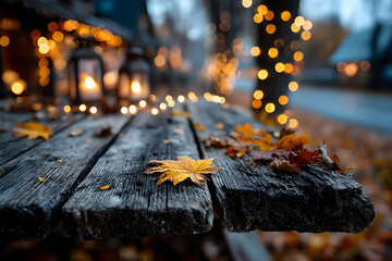 Wall Mural - Autumn Lanterns and Falling Leaves on Rustic Table - Perfect for Holiday Cards and Seasonal Decor