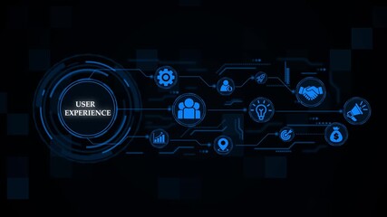 User experience ux concept illustrating teamwork technology and design process, Business ,Internet and network concept.  Abstract technology virtual screen background. 