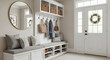 © Gilianse - A welcoming entryway (mudroom) with built-in bench storage for shoes, decorative hooks for coats and bags, and a large round mirror. Practical and stylish