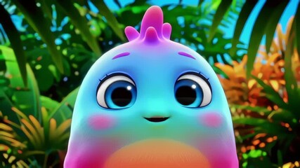 An animated, stylized bird with big blue eyes in a jungle environment is smiling