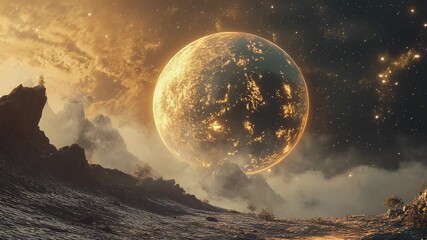 Wall Mural - huge planet illuminating rugged mountainous landscape in outer space