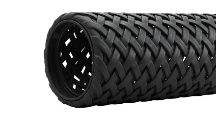 FARMING - Close-up of black woven basket texture with intricate pattern and cylindrical shape on white background