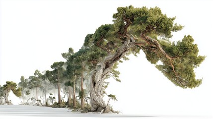 Bent tree with other trees on a white background
