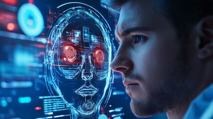 Software engineer analyzing holographic projection of artificial intelligence face