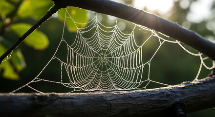 A close-up view of a delicate spiderweb glistening with morning dew, suspended between tree branches.