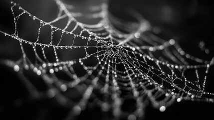 A close up of a spider web covered in water droplets in black and white photography