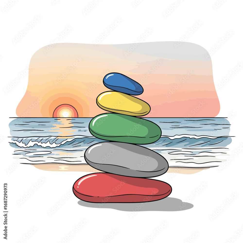 A colorful stack of five balanced zen stones on a serene beach at ...